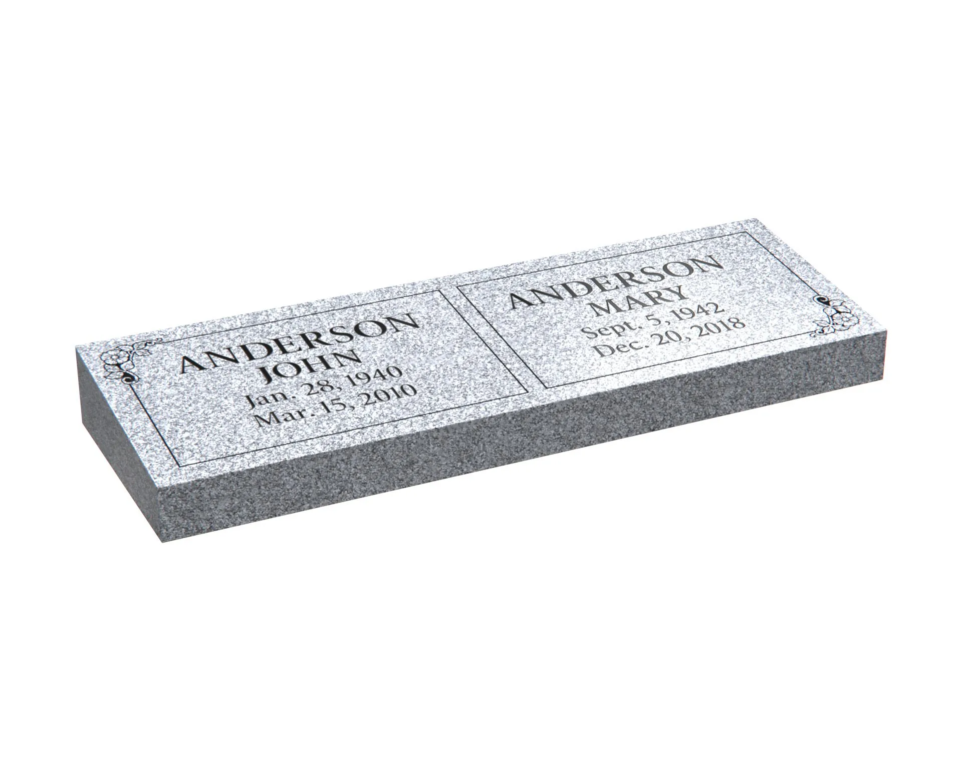 Show photo 2 of 4: Bevel Granite Companion Headstone with Floral Corners