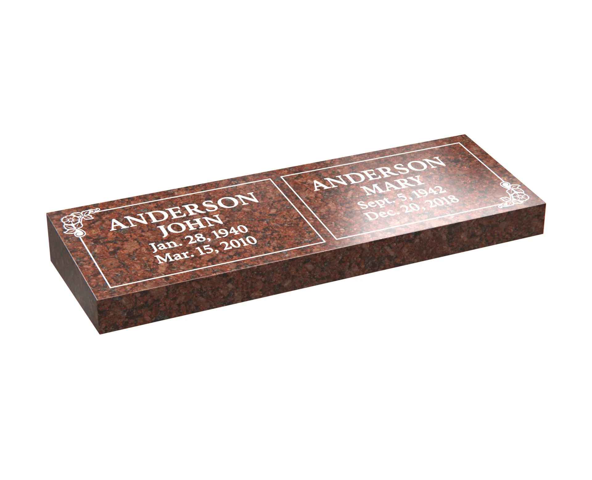 Show photo 3 of 4: Bevel Granite Companion Headstone with Floral Corners
