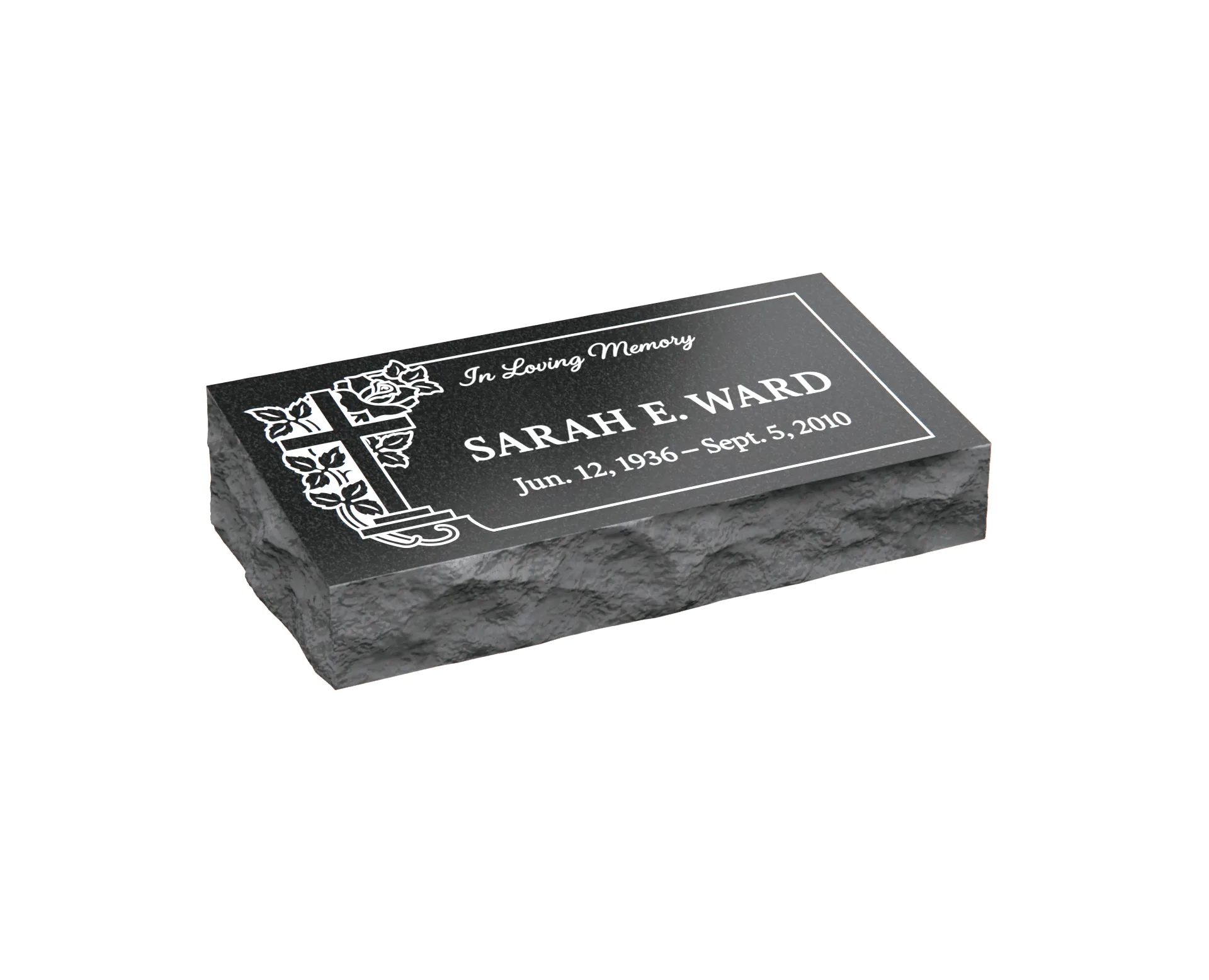 Bevel Granite Grave Marker with Cross and Rose Border