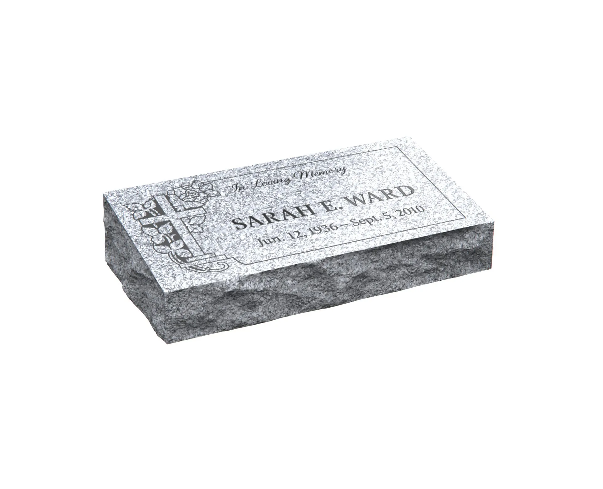 Show photo 2 of 4: Bevel Granite Grave Marker with Cross and Rose Border