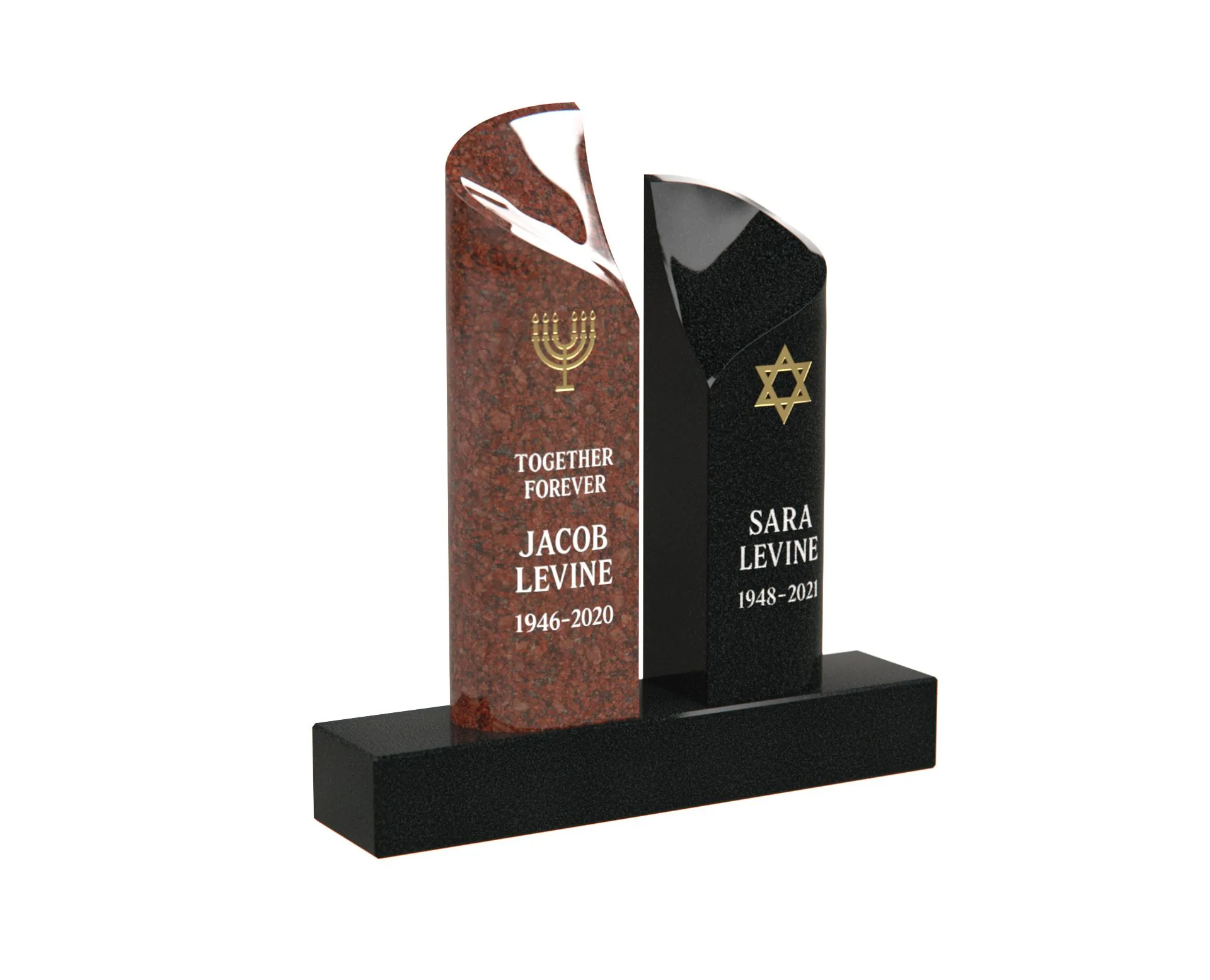 Show photo 3 of 4: Modern Jewish Companion Upright Granite Headstone with Menorah and Star of David