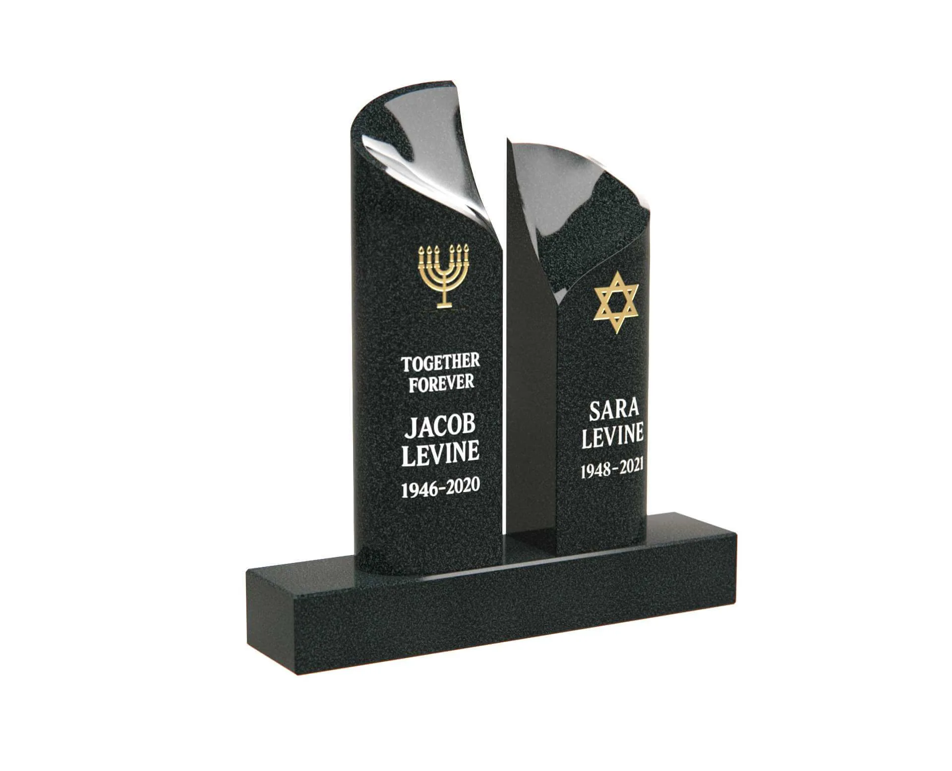 Modern Jewish Companion Upright Granite Headstone with Menorah and Star of David