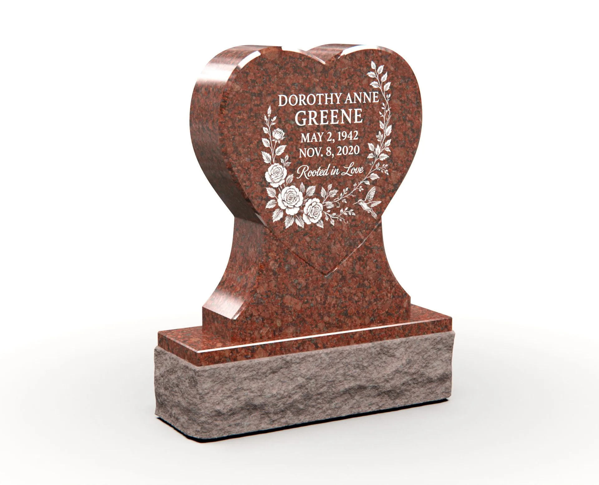 Show photo 3 of 4: Elegant Heart-Shaped Upright Memorial with Floral Engraving