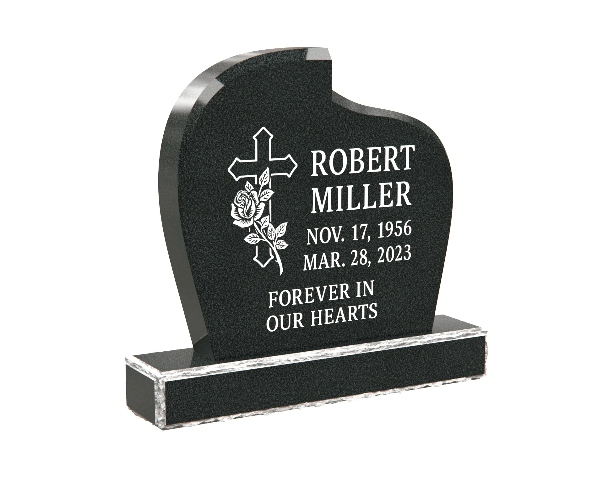 Curved Upright Granite Headstone with Cross and Rose