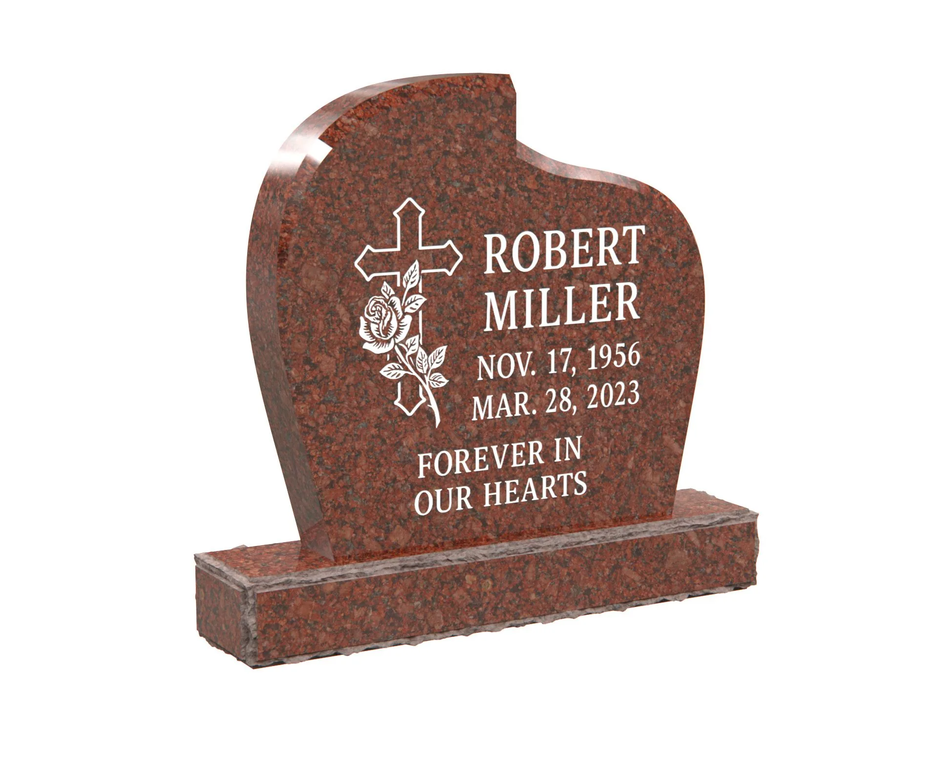 Show photo 3 of 4: Curved Upright Granite Headstone with Cross and Rose