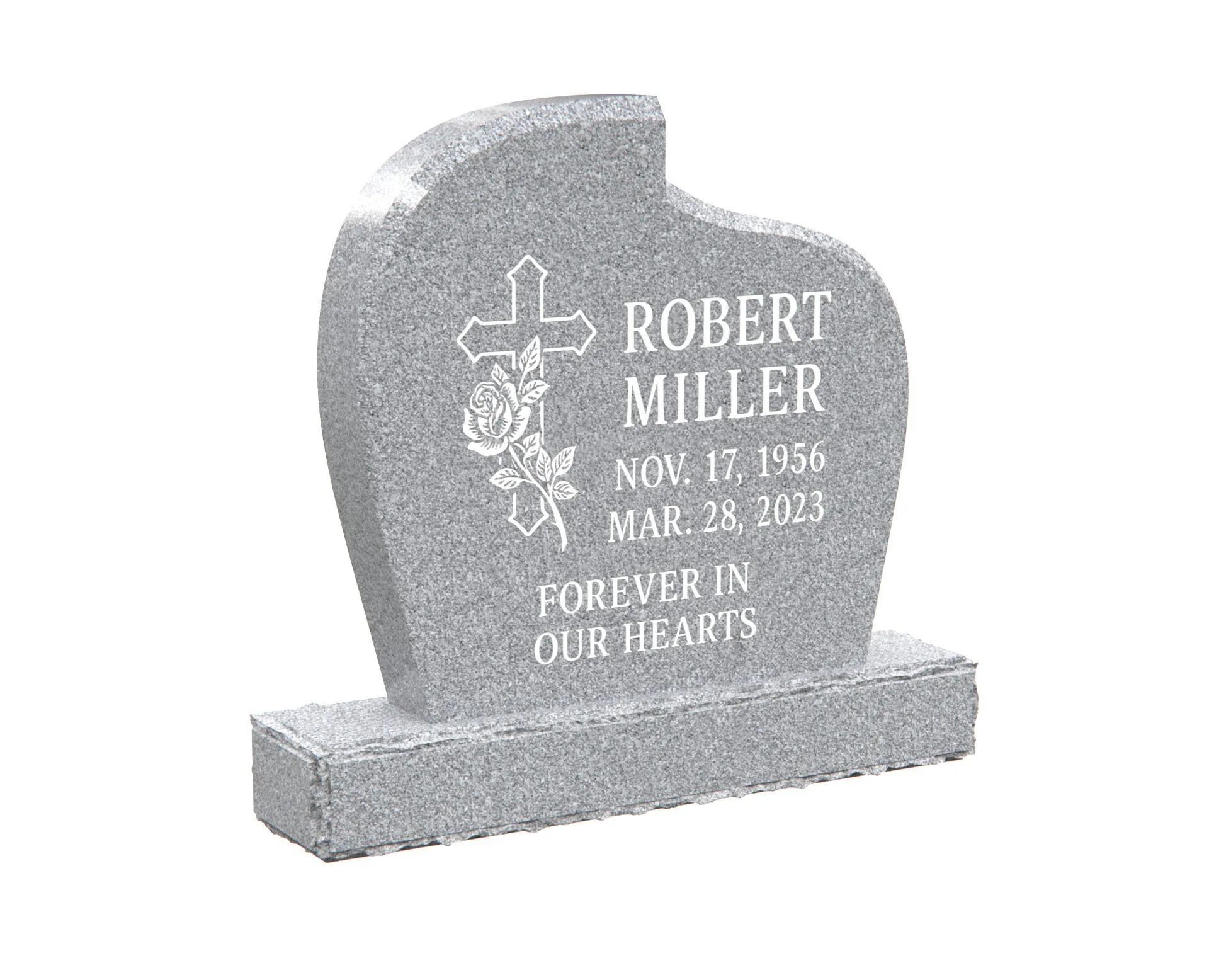 Show photo 2 of 4: Curved Upright Granite Headstone with Cross and Rose