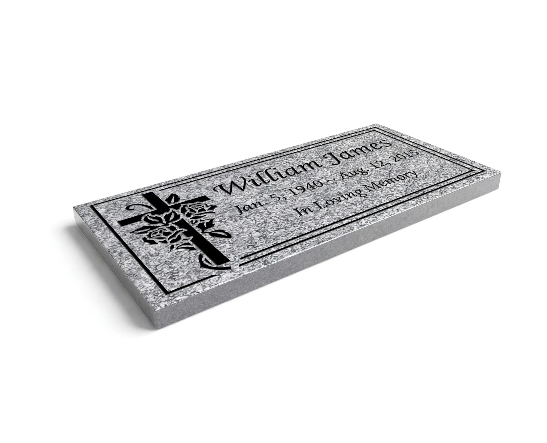 Show photo 2 of 3: Cross & Rose Flat Granite Marker