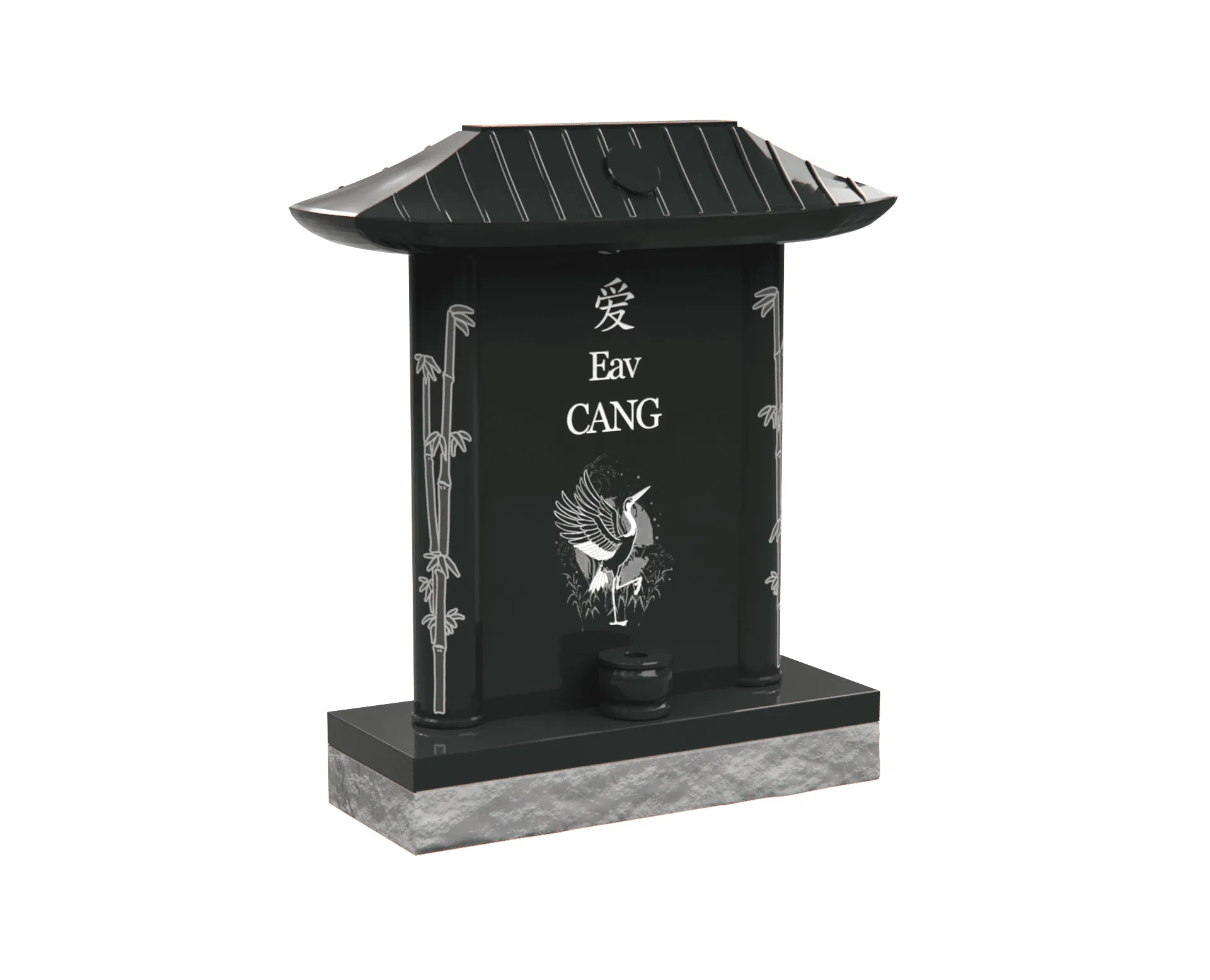 Pagoda-Style Asian Granite Headstone with Symbolic Crane