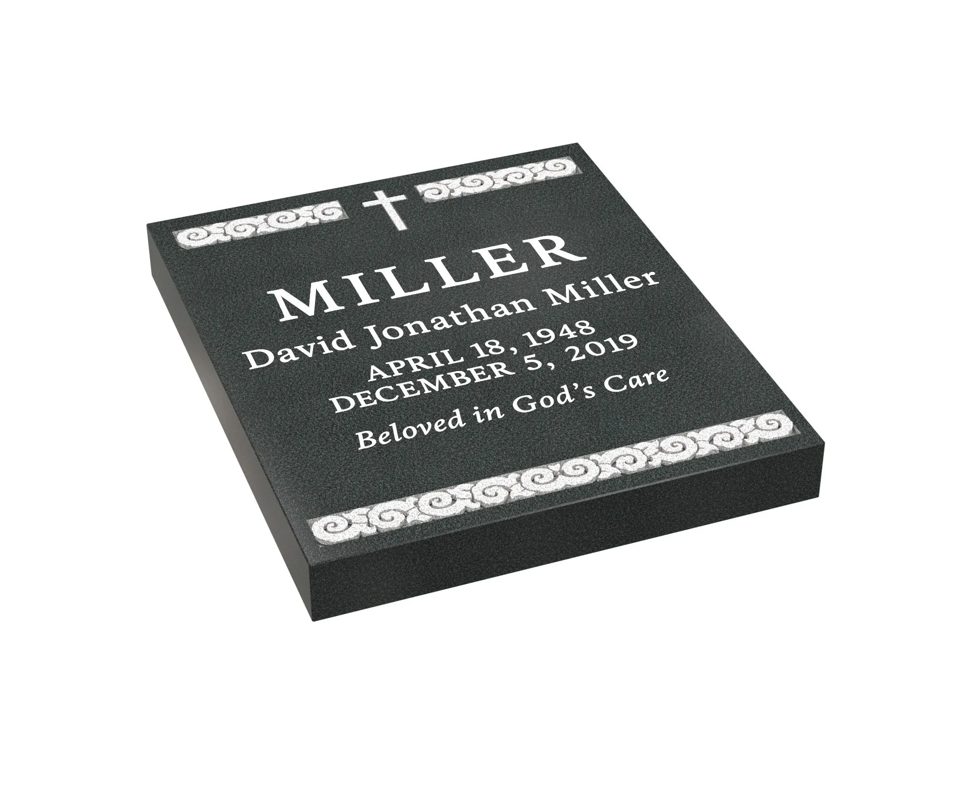 Christian Granite Half Ledger Grave Marker with Scroll Border