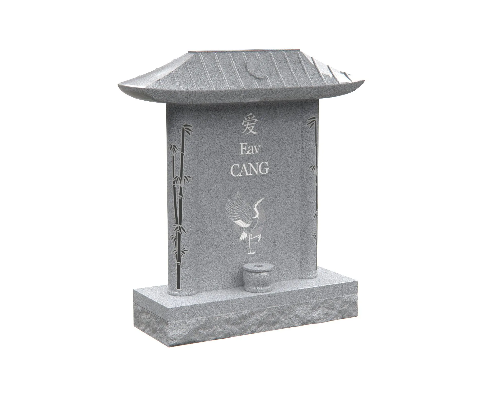 Show photo 2 of 4: Pagoda-Style Asian Granite Headstone with Symbolic Crane