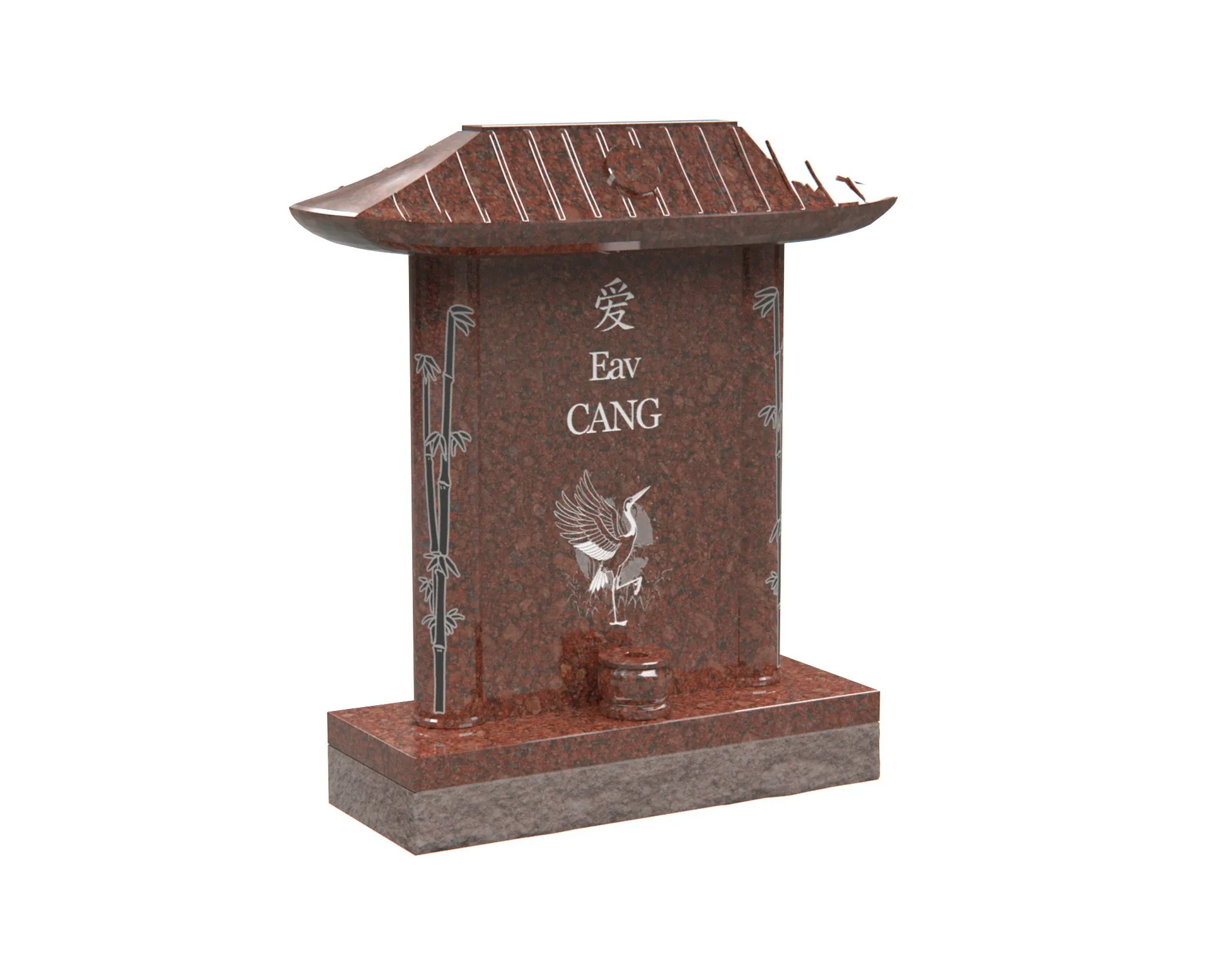 Show photo 3 of 4: Pagoda-Style Asian Granite Headstone with Symbolic Crane