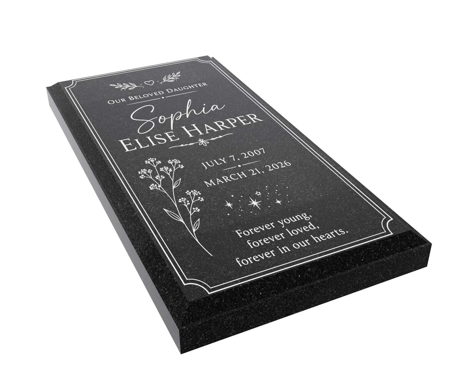 Forever in Our Hearts Floral Granite Ledger Grave Marker