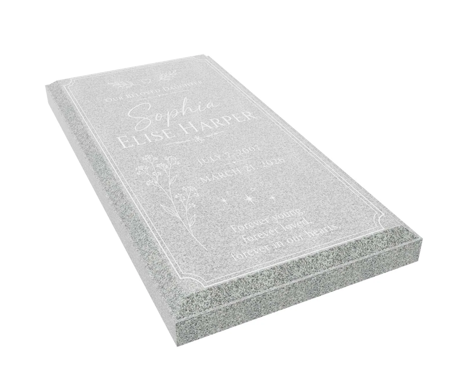 Show photo 2 of 3: Forever in Our Hearts Floral Granite Ledger Grave Marker