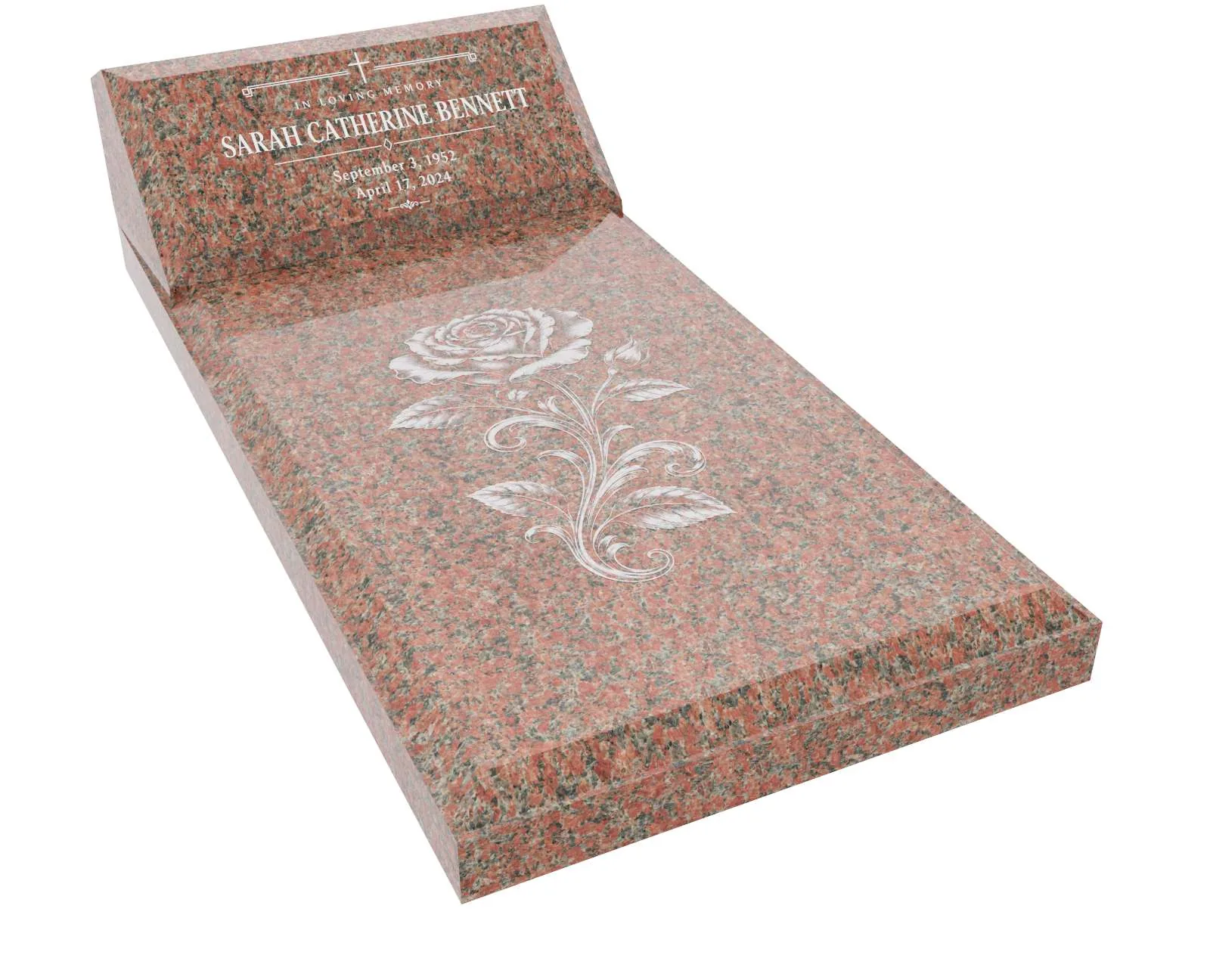 Show photo 3 of 3: Elegant Rose Granite Ledger Memorial with Slant Headstone