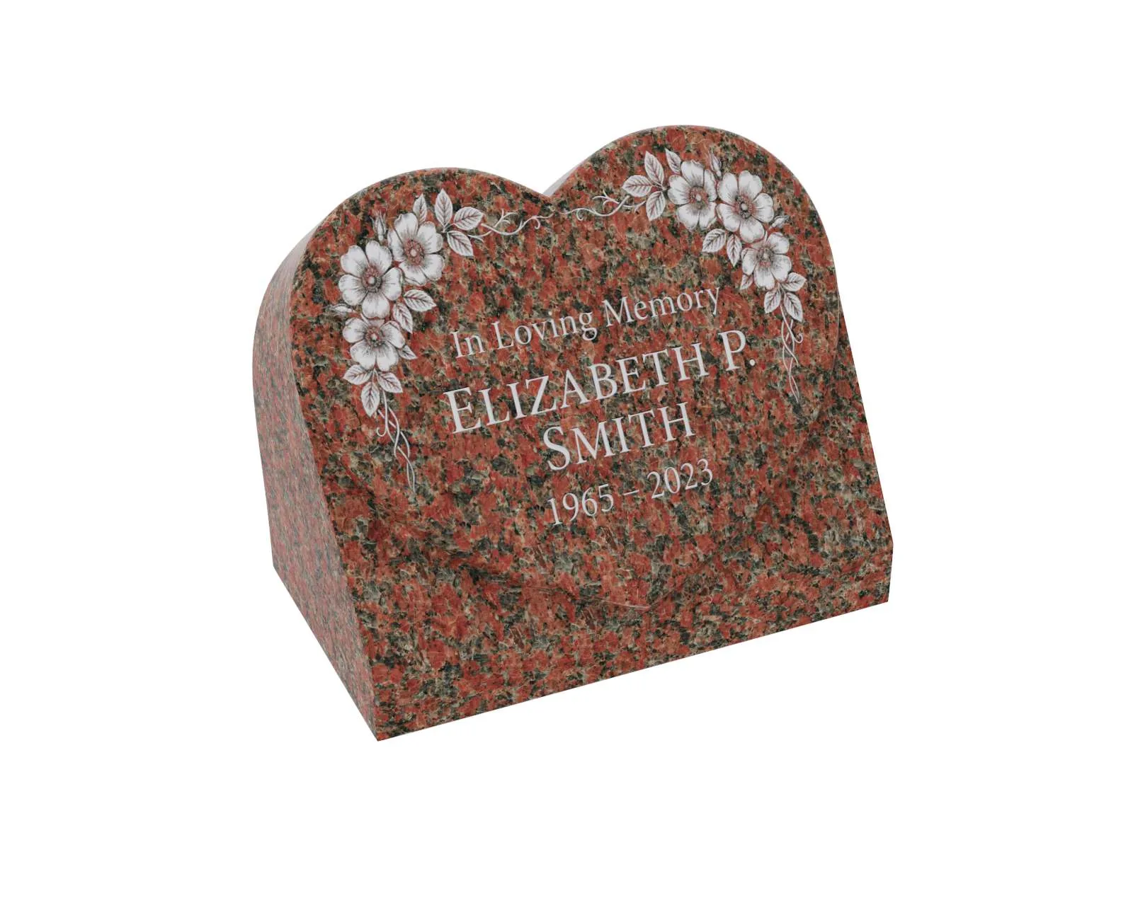 Show photo 3 of 3: Floral Heart Slant Granite Headstone