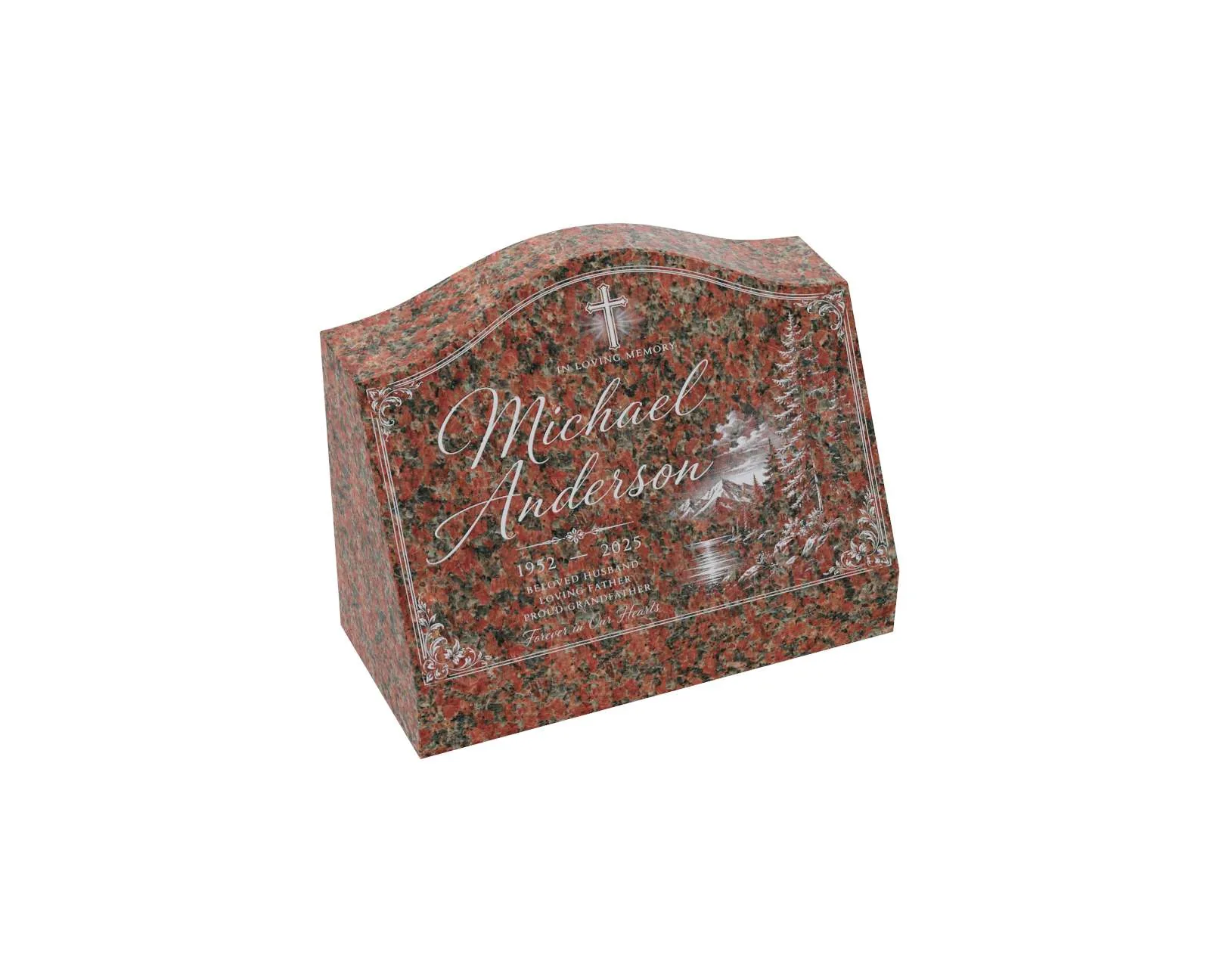 Show photo 3 of 3: Scenic Cross Slant Granite Headstone