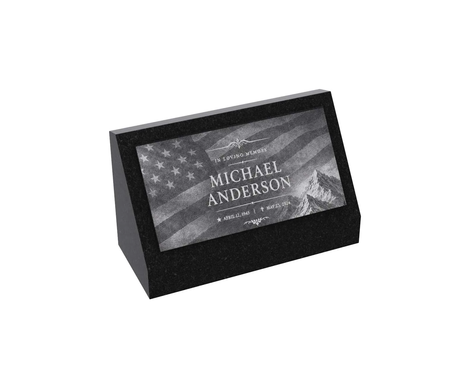 Patriotic Mountain Slant Granite Headstone