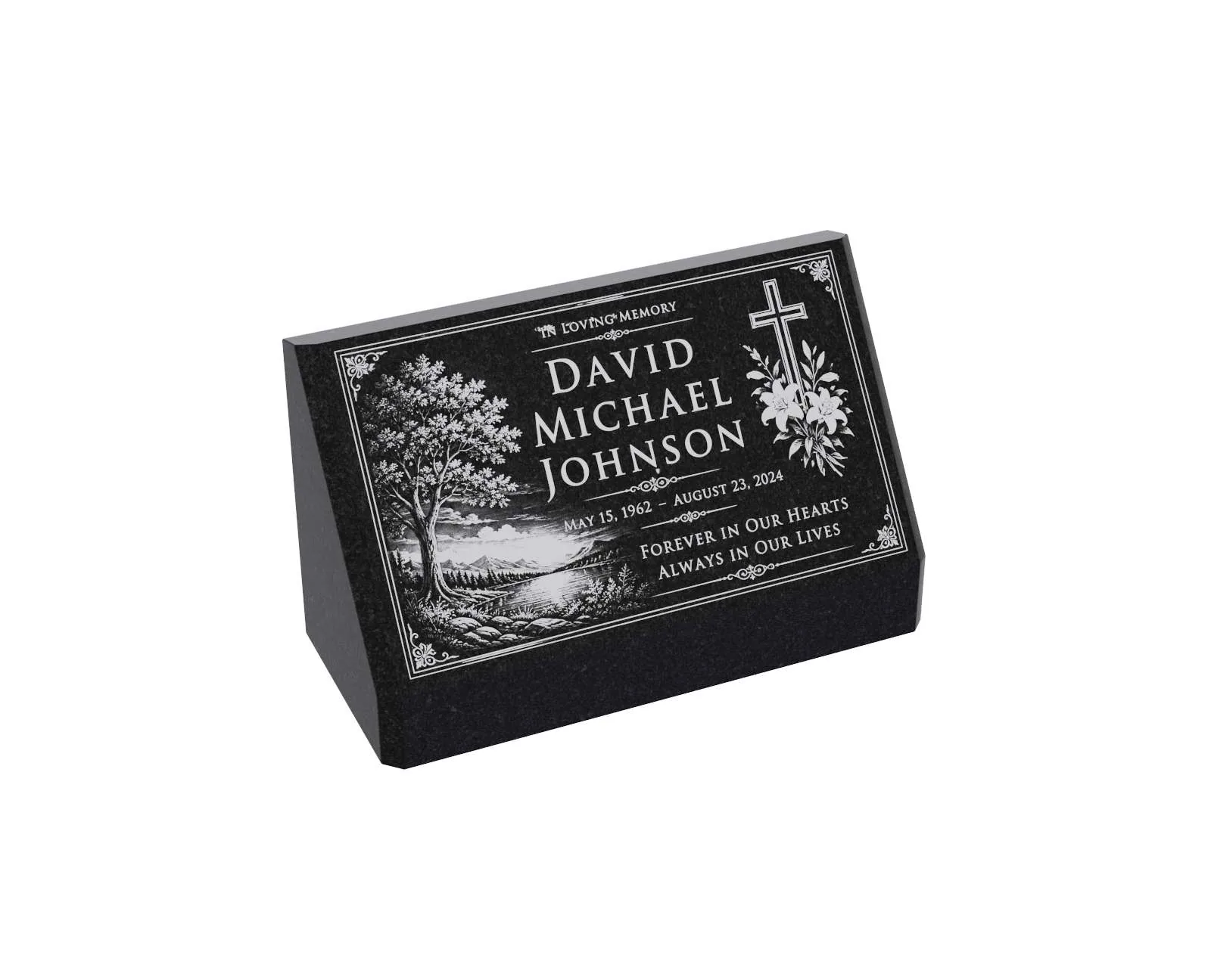 Cross & Landscape Slant Granite Headstone