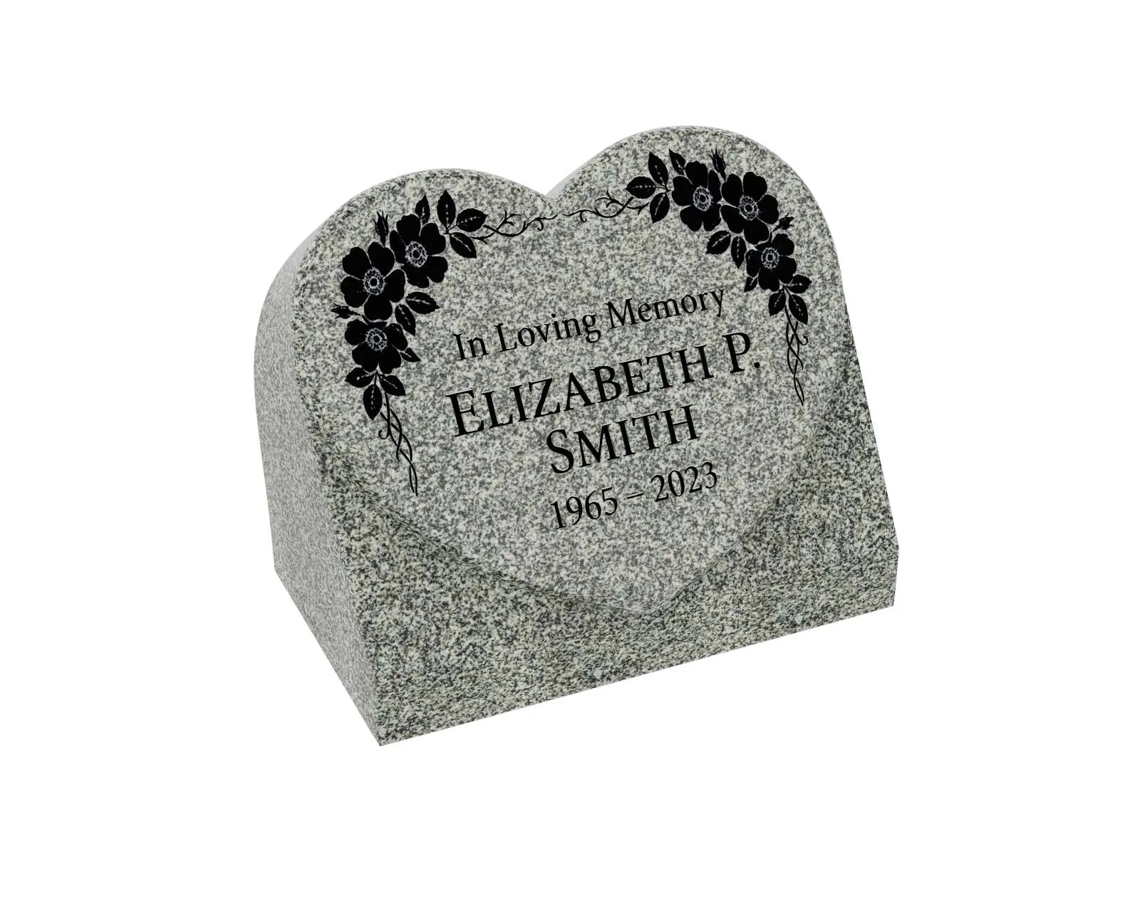 Show photo 2 of 3: Floral Heart Slant Granite Headstone