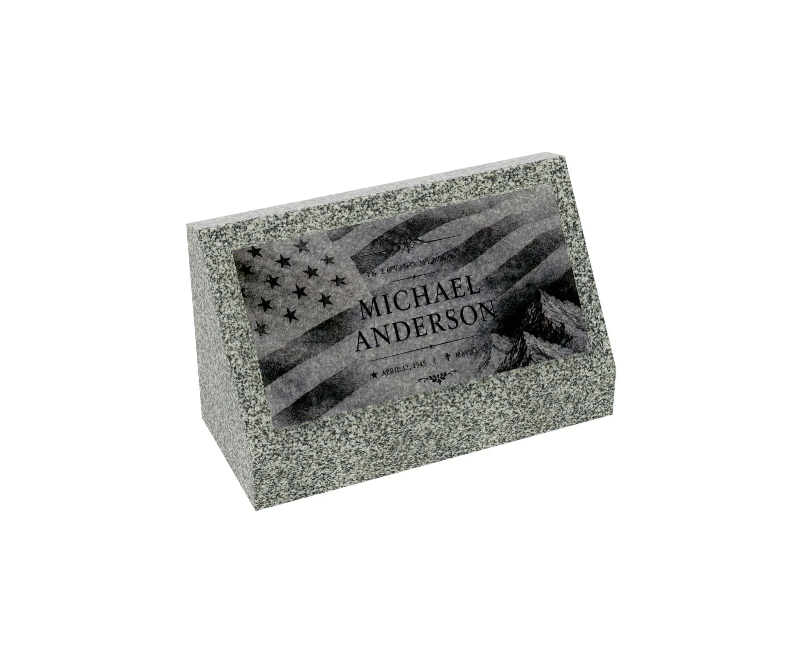 Show photo 2 of 3: Patriotic Mountain Slant Granite Headstone