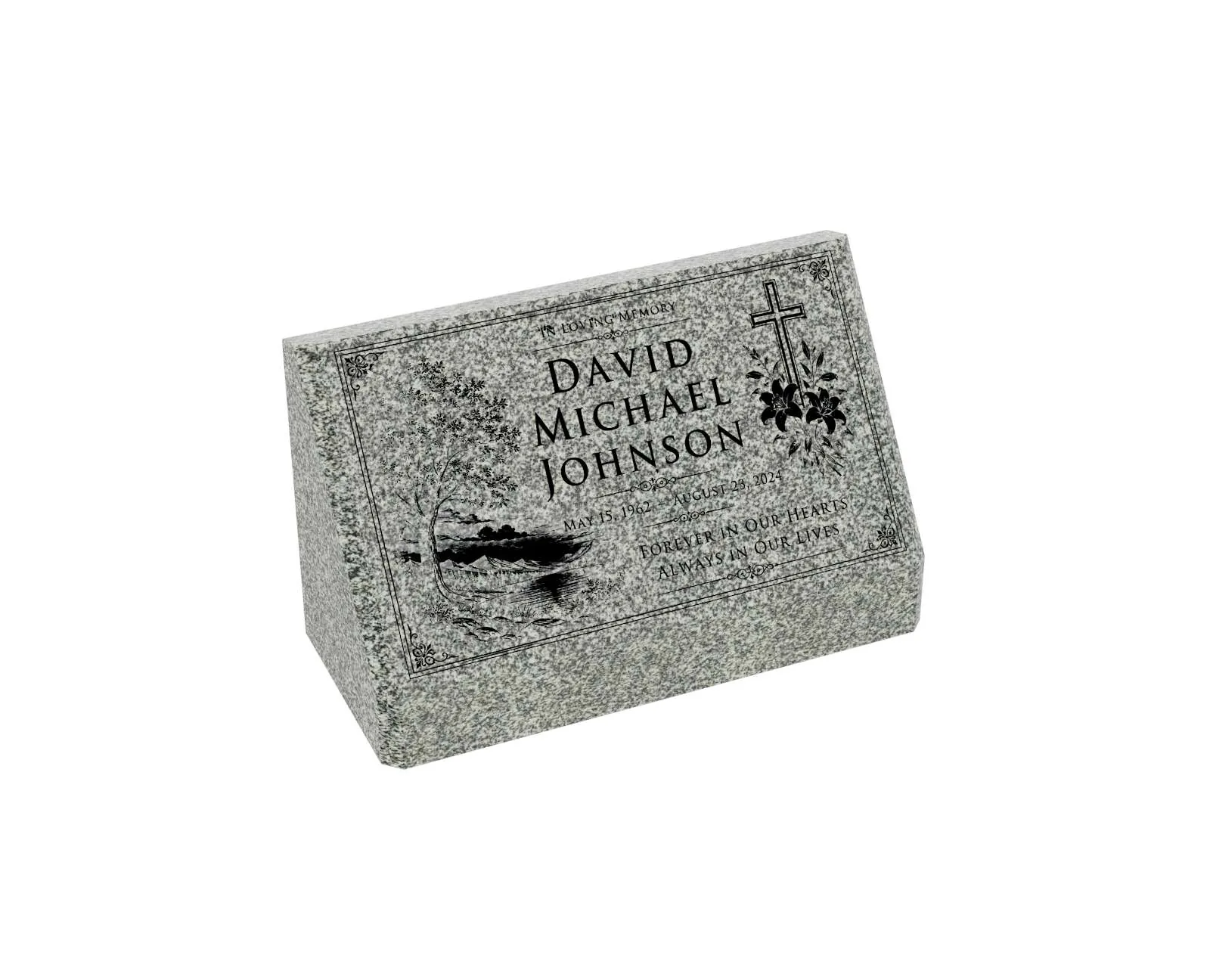 Show photo 2 of 3: Cross & Landscape Slant Granite Headstone
