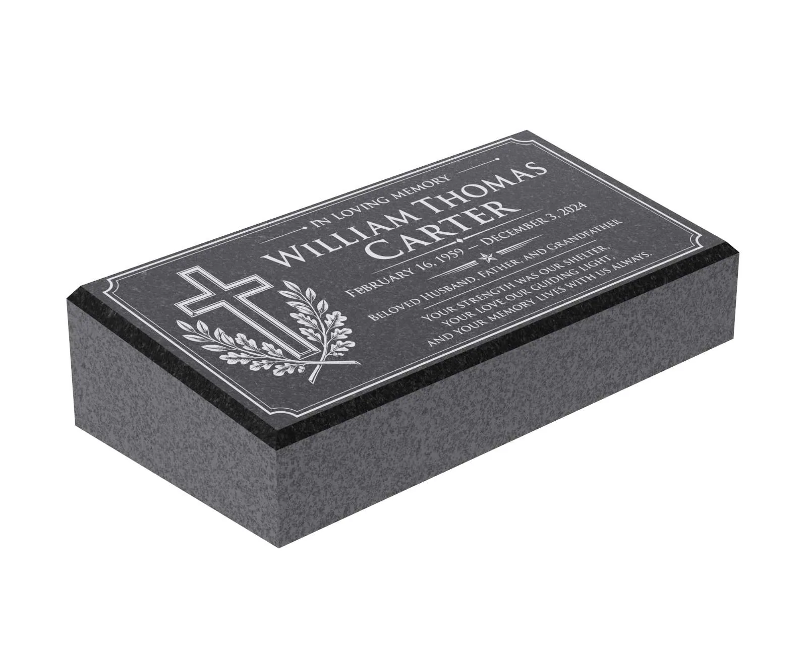 Cross & Laurel Bevel Granite Grave Marker
