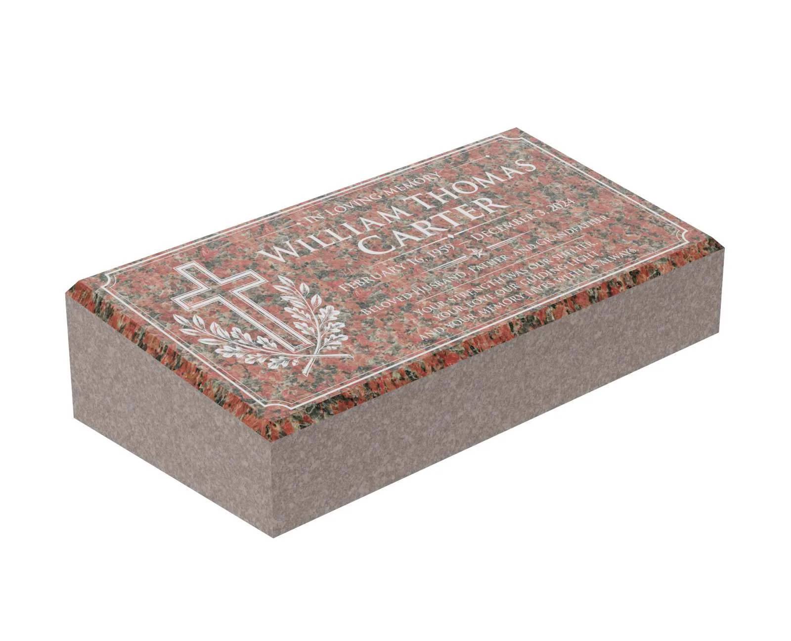 Show photo 3 of 3: Cross & Laurel Bevel Granite Grave Marker