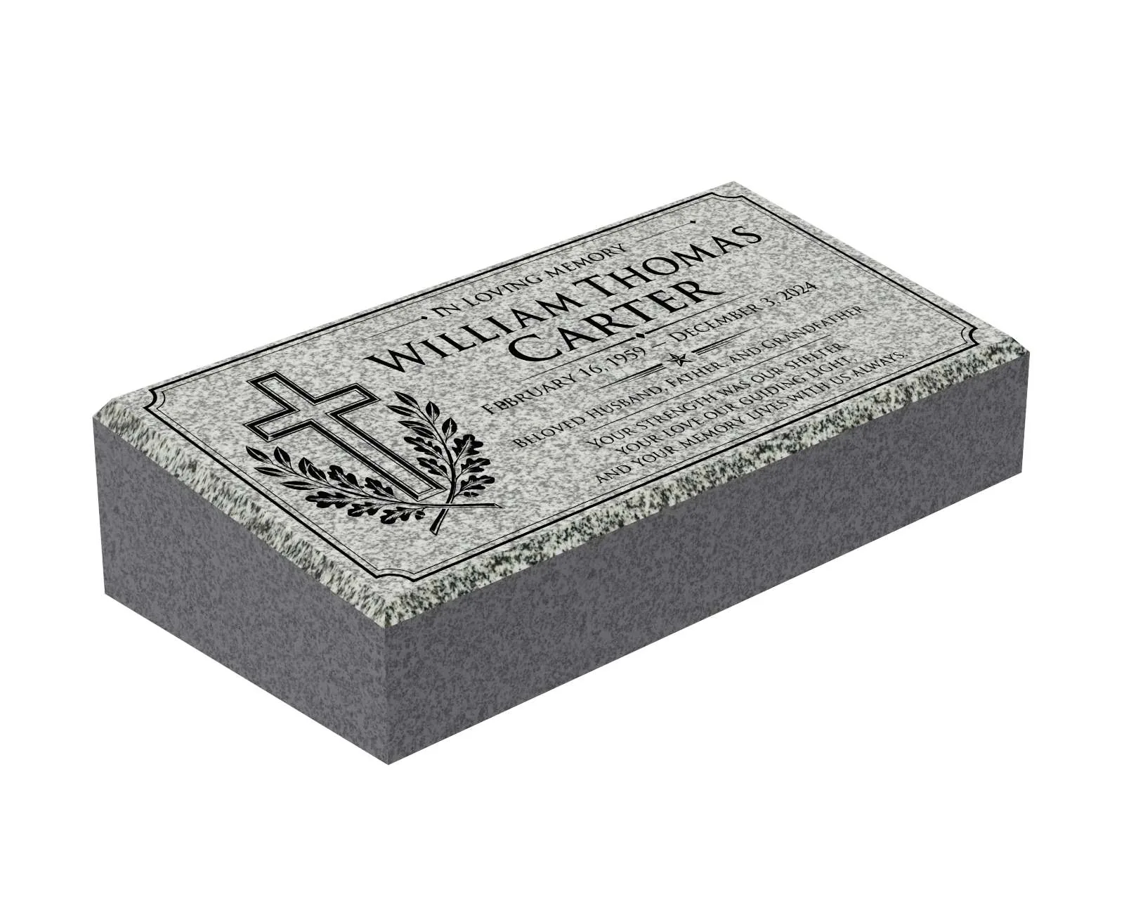 Show photo 2 of 3: Cross & Laurel Bevel Granite Grave Marker
