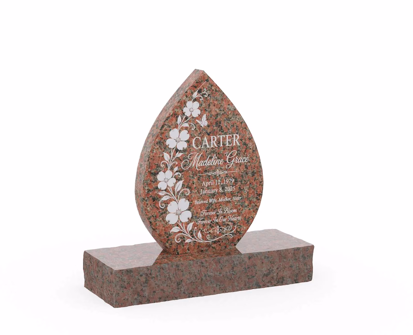 Show photo 3 of 3: Floral Teardrop Shape Upright Headstone