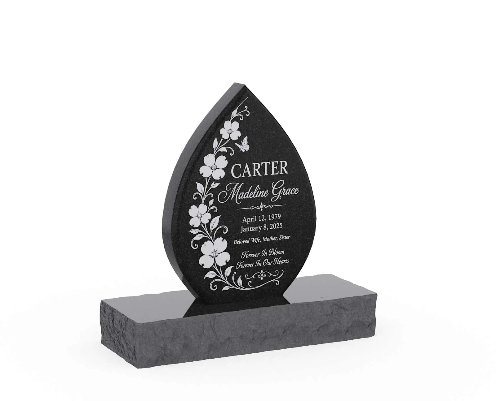 Floral Teardrop Shape Upright Headstone