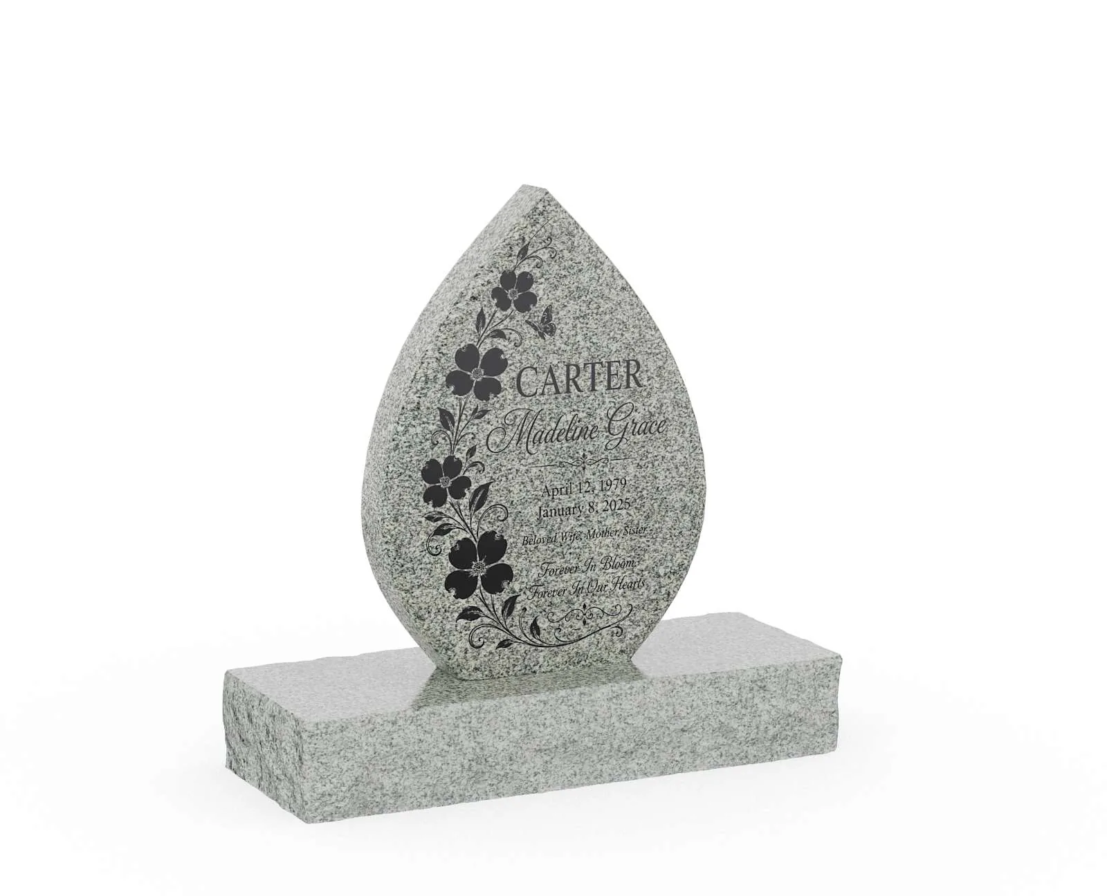 Show photo 2 of 3: Floral Teardrop Shape Upright Headstone