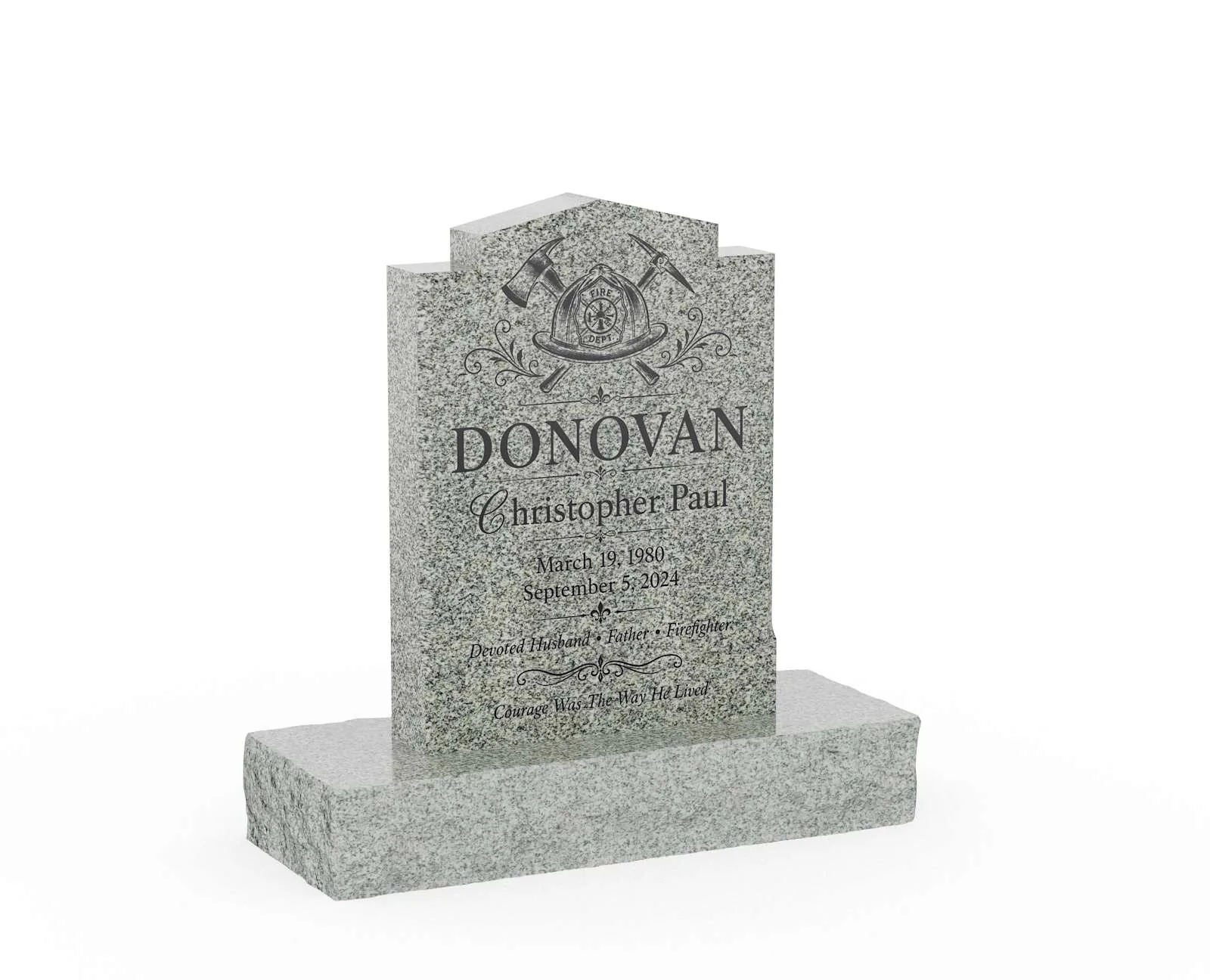 Show photo 2 of 3: Firefighter Stepped Top Granite Upright Headstone