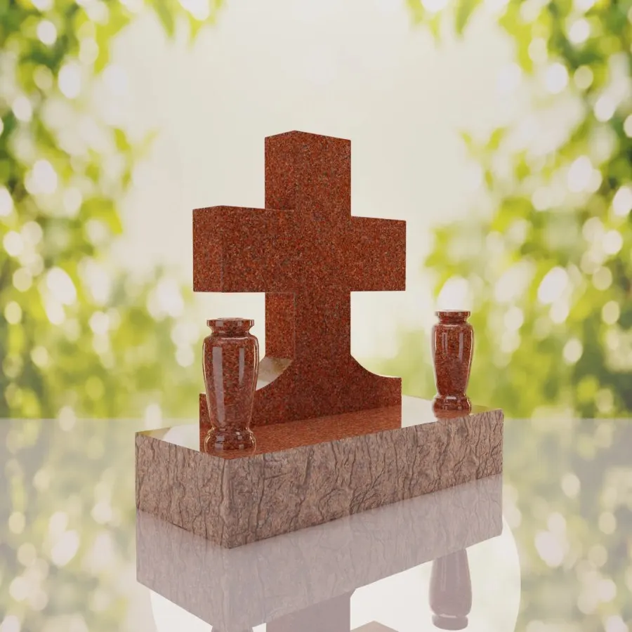 Classic Cross Granite Headstone with Dual Vases
