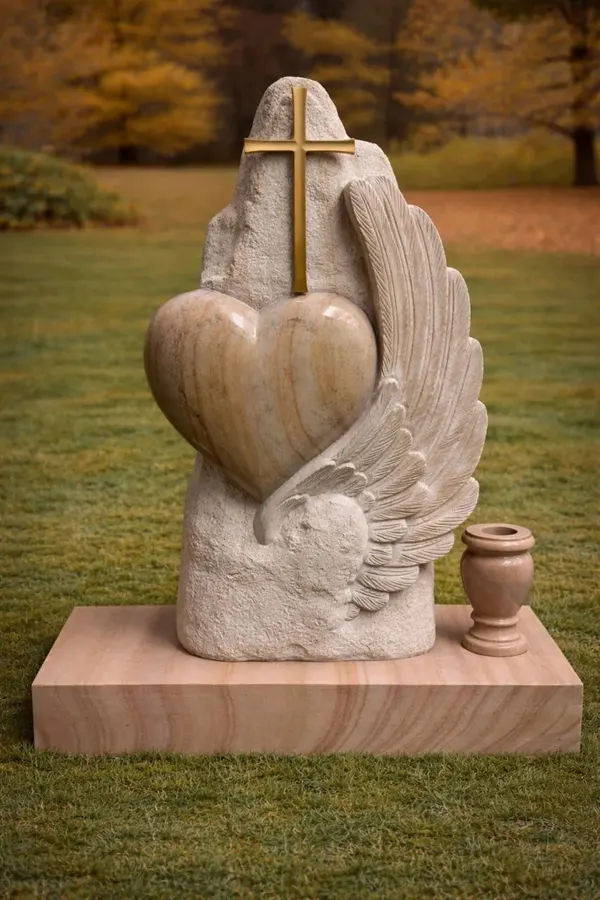 Cross Heart Angel Wing Granite Headstone