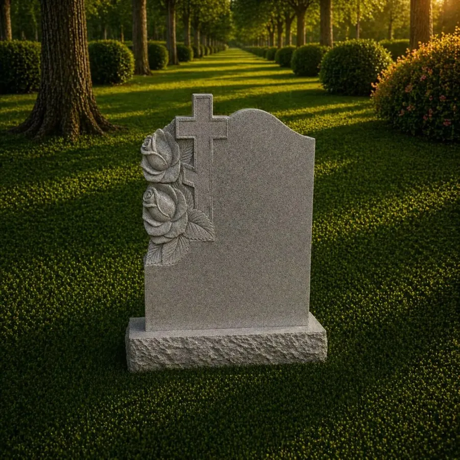 Cross & Rose Carved Upright Granite Headstone