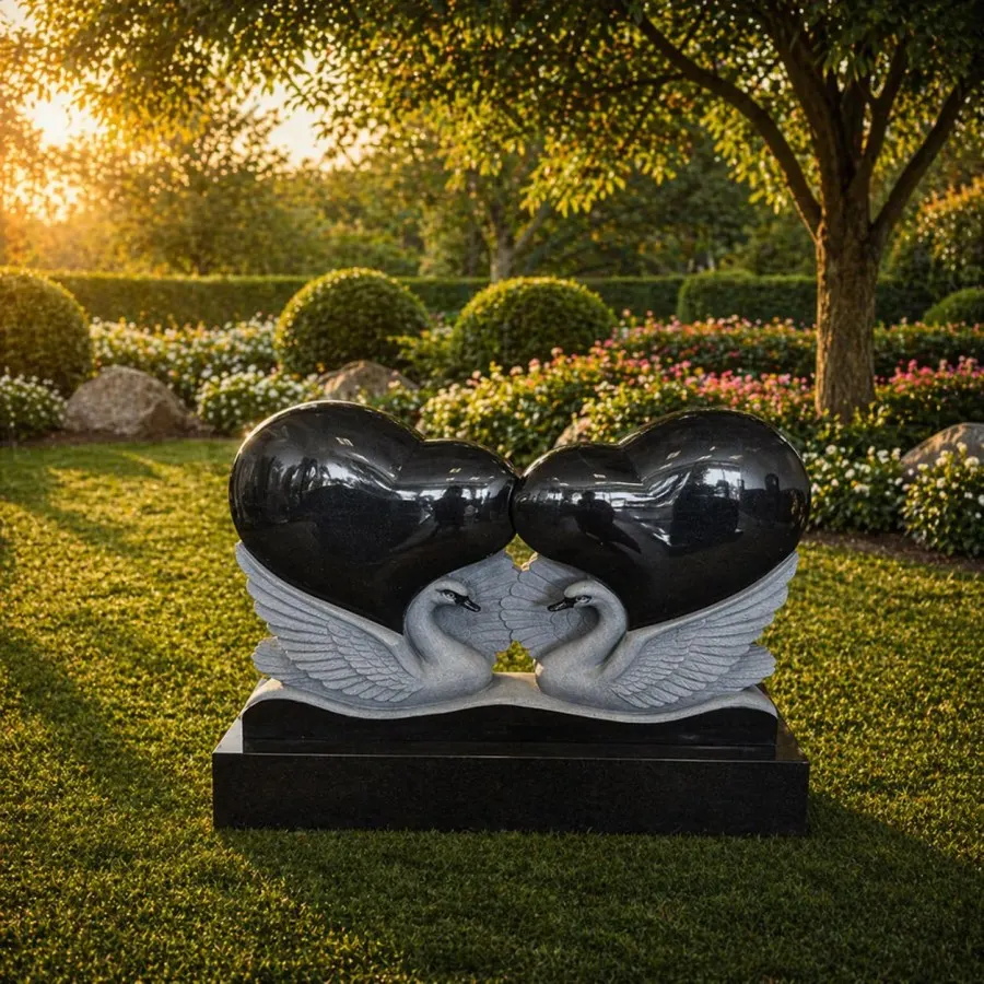 Double Heart Companion Granite Headstone with Swans