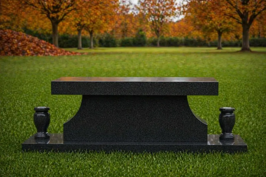 Granite Memorial Bench with Base & Vases