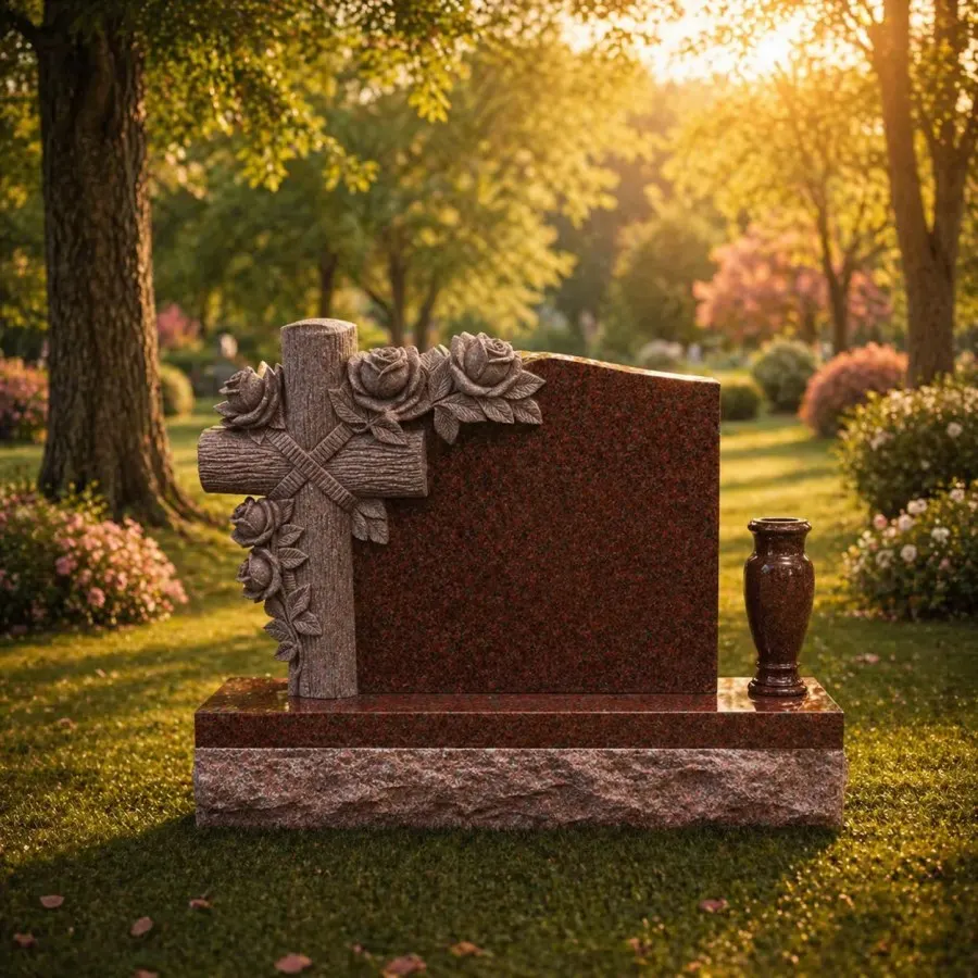 Granite Upright Headstone with Cross and Roses 28 x 6 x 20