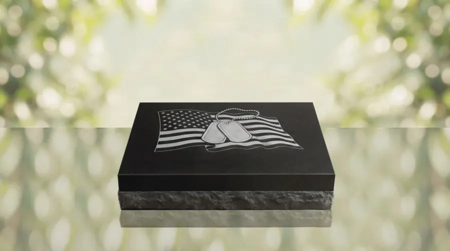 Military Flat Granite Grave Marker with Flag & Dog Tags