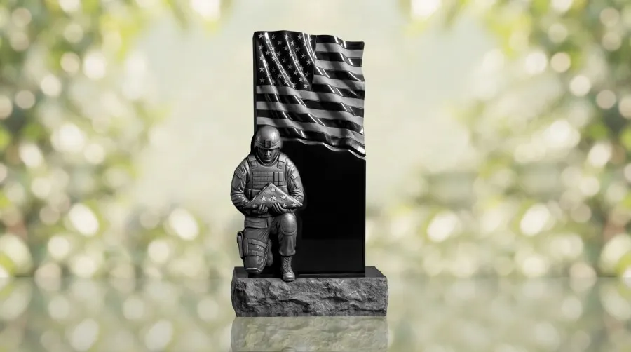 Patriotic Soldier with Flag Upright Granite Headstone