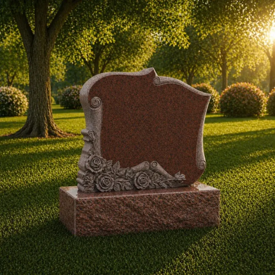 Scroll Edge Upright Granite Headstone with Rose Carving