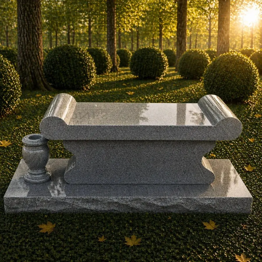 Scroll-End Granite Memorial Bench with Vase