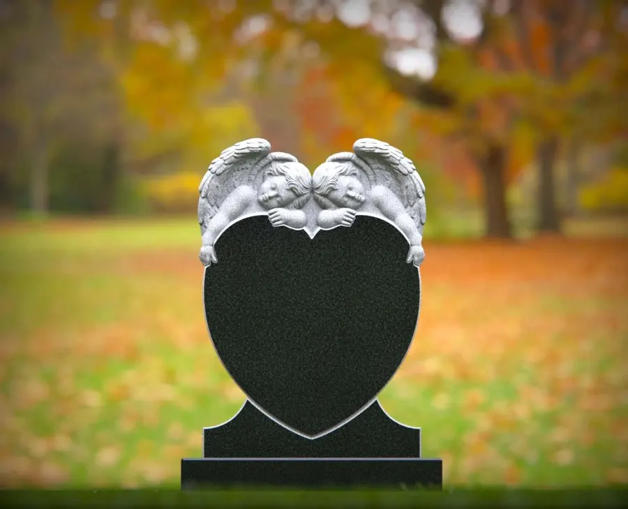 Twin Cherub Heart Granite Headstone 27 x 5 x 38