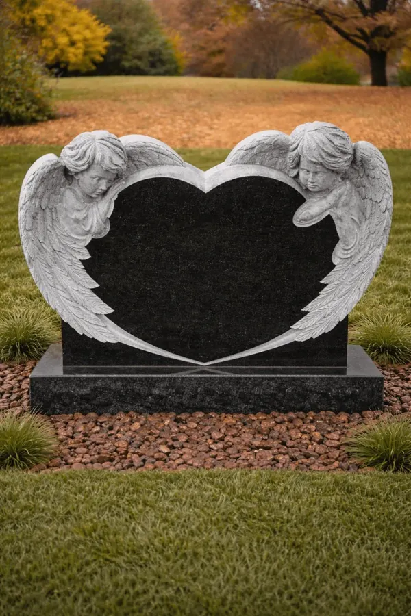 Two Angels Embracing Heart Companion Headstone