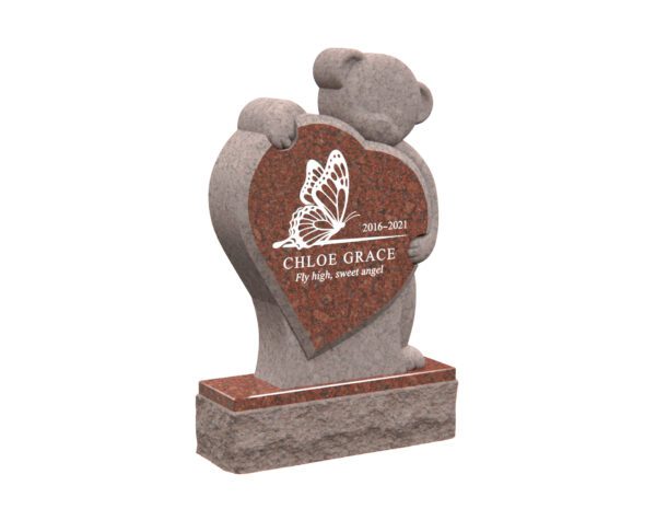 1437.2.16426.1 Children’s Heart-Shaped Headstone with Teddy Bear and Butterfly - Image 1