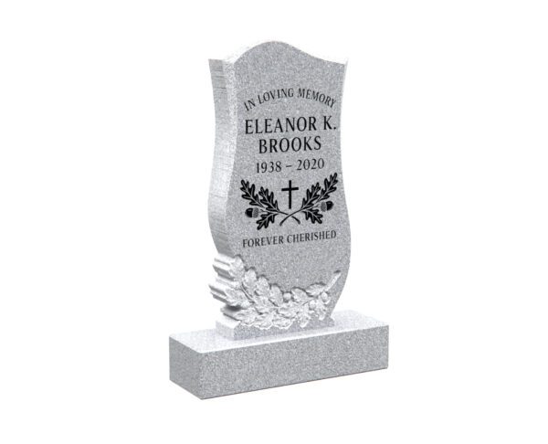 Elegant Upright Granite Headstone with Carved Leaves and Cross - Image 1