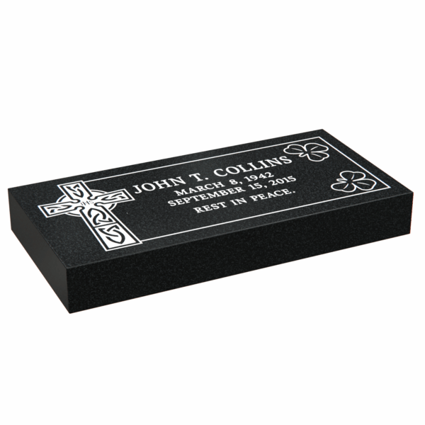 Flat Granite Grave Marker with Celtic Cross and Shamrocks