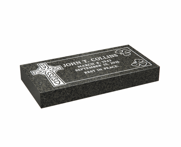 Flat Granite Grave Marker with Celtic Cross and Shamrocks - Image 1