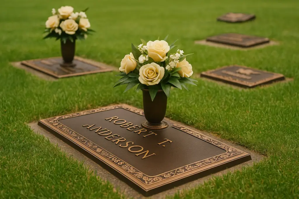 Bronze grave marker with flower vase on a cemetery lawn, featuring detailed bronze lettering and decorative border