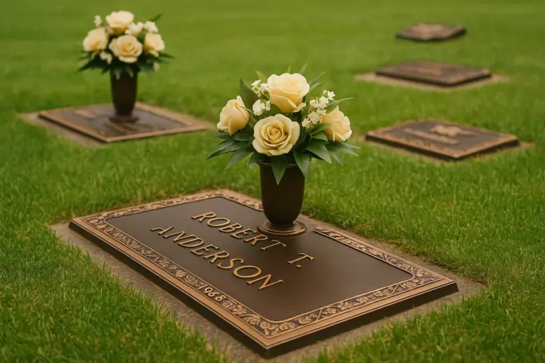 Bronze grave marker with flower vase on a cemetery lawn, featuring detailed bronze lettering and decorative border
